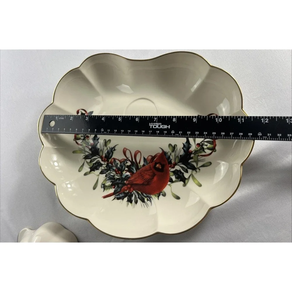 Lenox Winter Greetings 2pc Crudite Serving Bowl Gold Ruffled Edge 1996